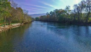 river view by drone looking upstream of the hiwassee river in TN
